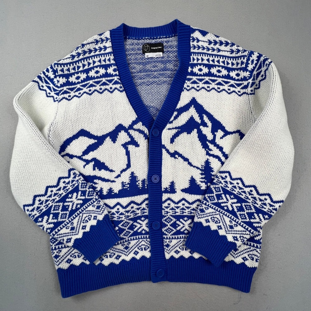 Original Use Cardigan Sweater Womens Medium Blue White Mountain Fair Isle‎ Knit